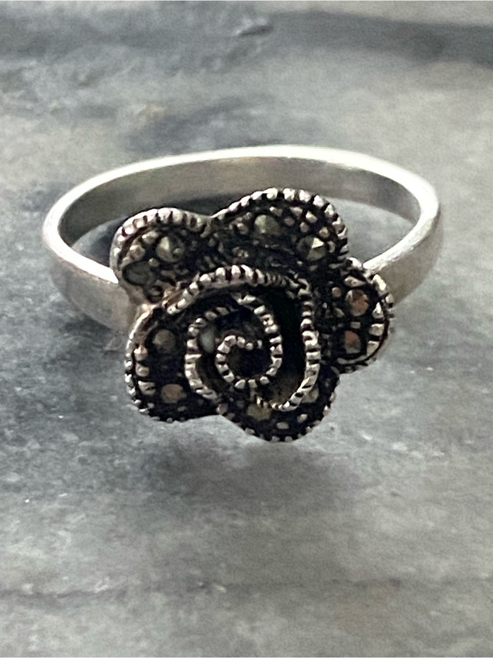Marcacite Silver 925 Floral Spiral Ring - Women's Silver Flower Ring